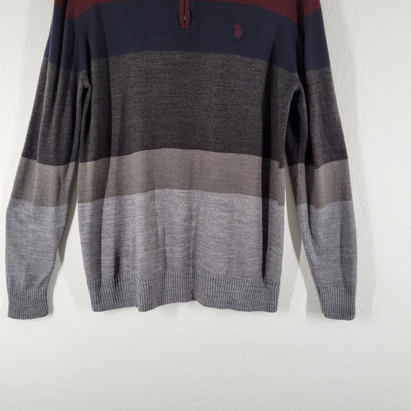 US Polo Assn. Mens Striped Quarter Zip Sweater Burgundy Navy Grey Acrylic Small - Picture 4 of 11